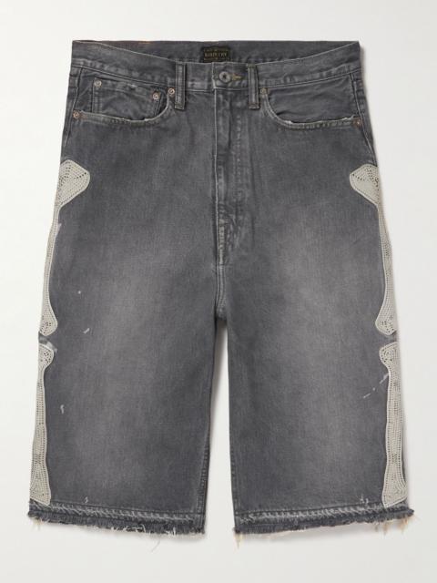 Wide-Leg Appliquéd Distressed Denim Shorts Gray
