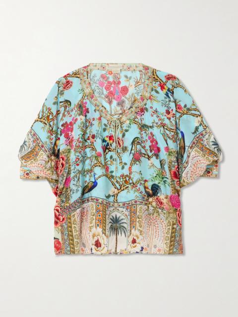 Sultans And Queens Tie-detailed Embellished Printed Silk-crepe Blouse