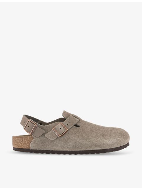 Tokio logo-embossed flat suede clogs