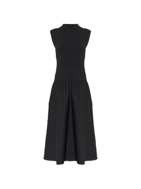 high-neck gathered midi dress