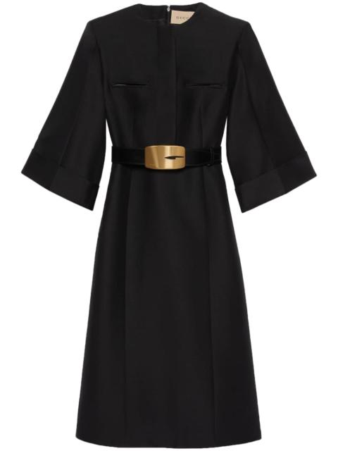 belted-waist fitted midi dress