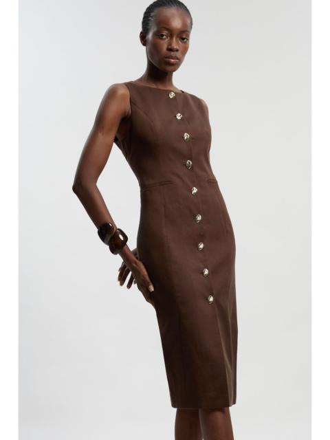 Tailored Linen Statement Button Front Pencil Midi Dress
