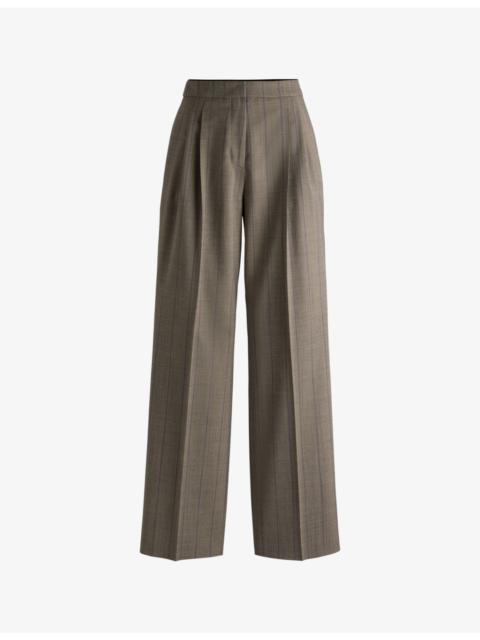 Wide-leg high-rise checked stretch wool-blend trousers