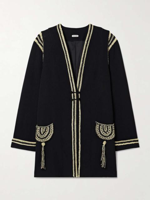 Weedy crochet-trimmed crepe jacket Black