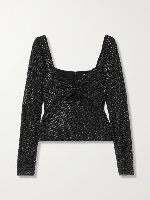 Twist-front Cutout Crystal-embellished Stretch-mesh Top
