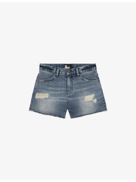 Wash-Effect Distressed Denim Shorts