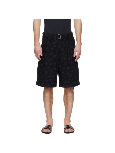 Black Overdyed Floral Print Cargo Shorts