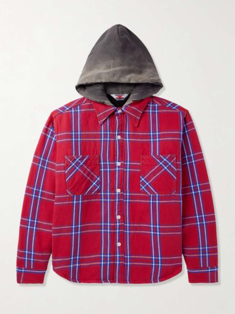 Jersey-Trimmed Padded Checked Cotton-Flannel Hooded Overshirt