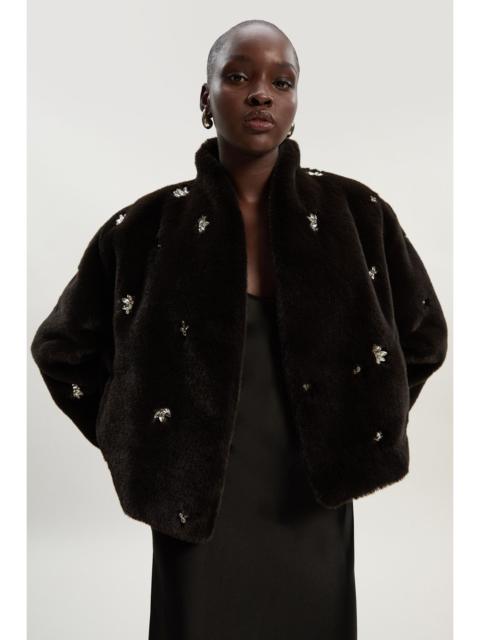Crystal Embellished Faux Fur Short Coat
