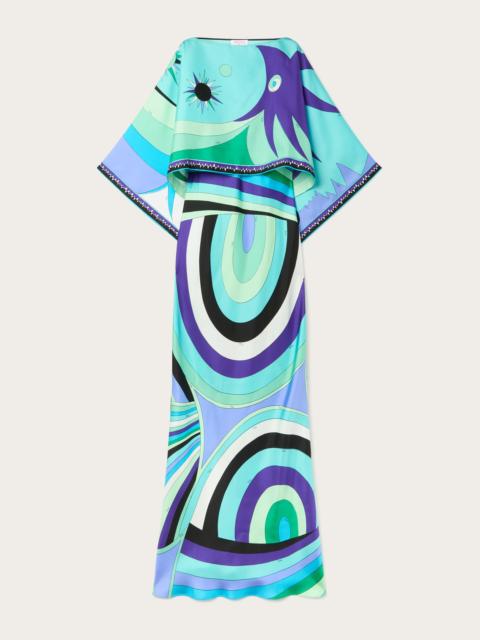 IRIDE PRINT LONG DRESS WITH CAPE