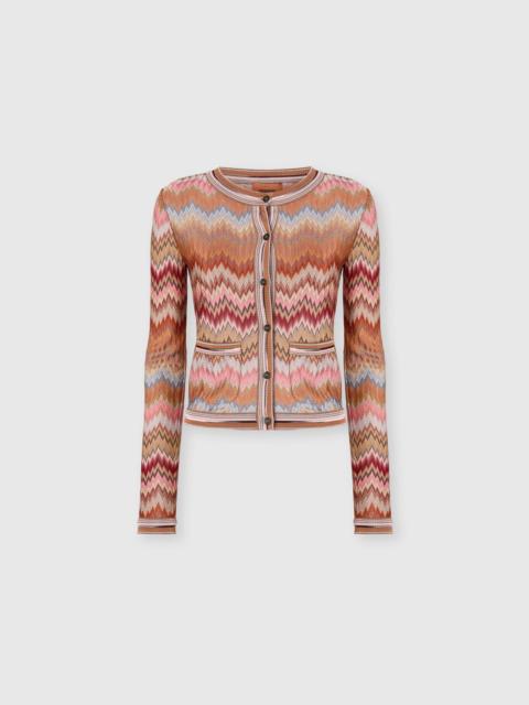 Snake-Pattern Viscose Chevron Cardigan with Patch Pockets