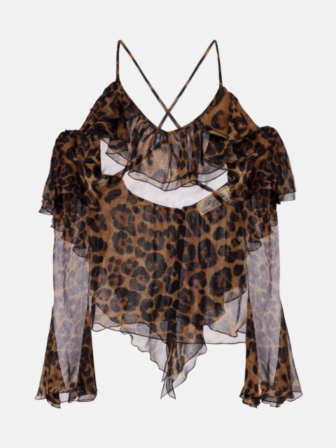Leopard-print draped silk top