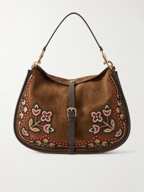 Embroidered Leather-trimmed Suede Shoulder Bag