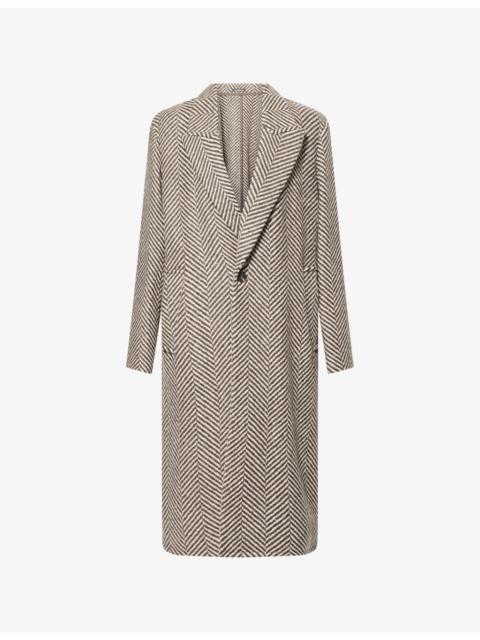 Herringbone Peak-Lapels Wool Coat