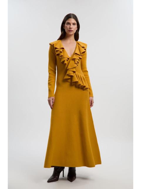 Compact Wool Look Ruffle V Neck Midi Dress