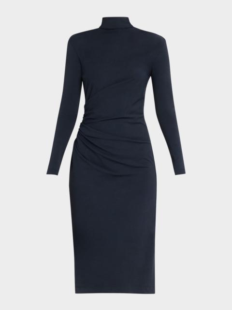 Synched-Waist Wool Jersey Long-Sleeve Midi Dress