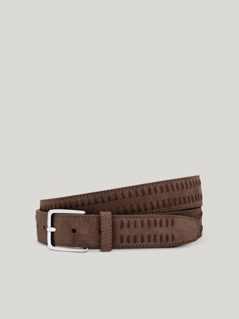 BROWN SUEDE BELT WITH DECORATIVE VERTICAL TOPSTITCHING