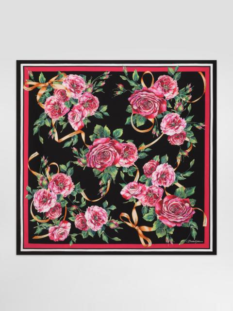 Rose-print silk twill foulard (90x90)