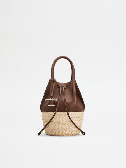BUCKET BAG IN STRAW AND LEATHER MINI - BROWN, NATURAL