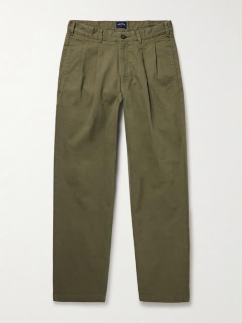 Straight-Leg Pleated Herringbone Cotton Trousers Green