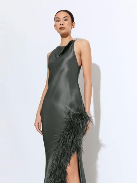 Satin Halter Gown With Feathers