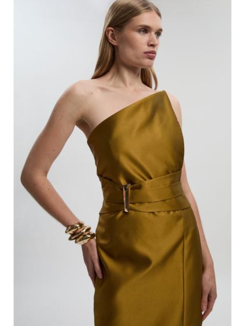 Satin Twill Trim Detail Structured Asymmetric Neck Tailored Midi Dress