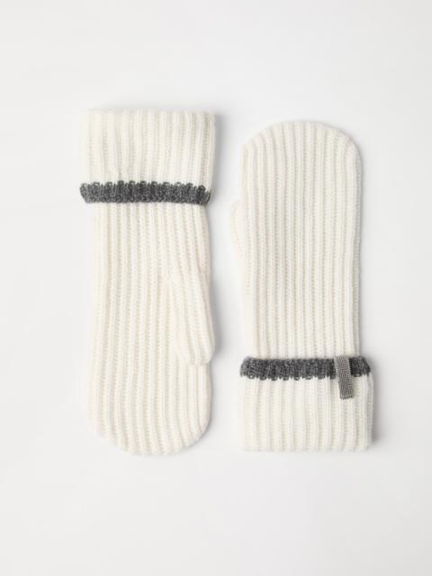 Cashmere English rib knit mittens with monili