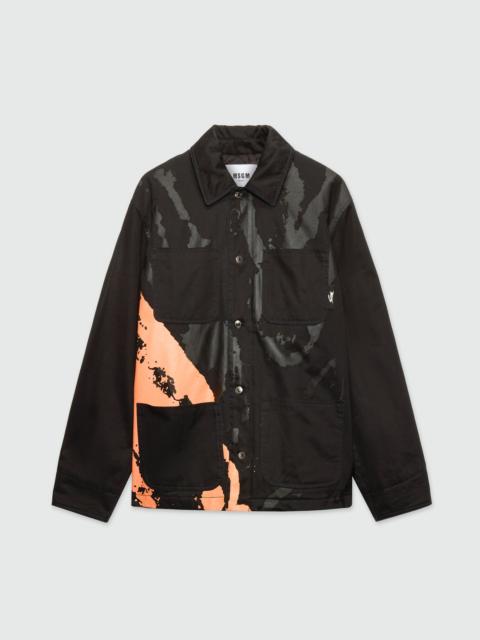 Black cotton drill overshirt with "Sketched Bunnies" print