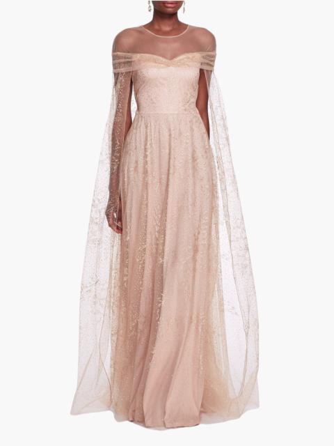 OFF-SHOULDER GLITTER CAPE GOWN