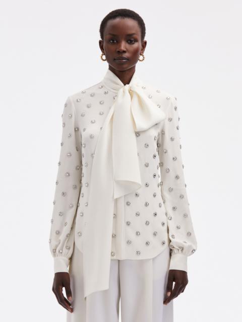 CRYSTAL EMBROIDERED TIE-NECK BLOUSE
