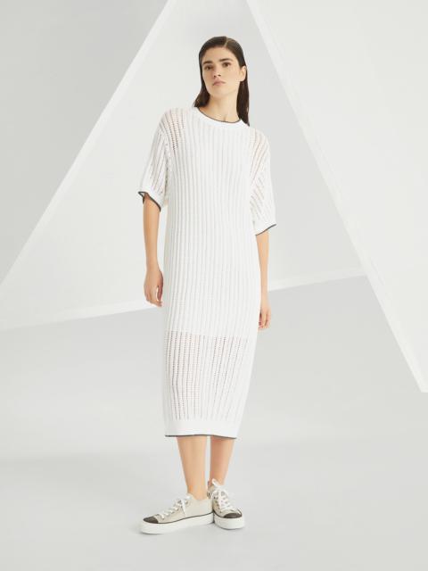 Cotton openwork rib knit dress with monili