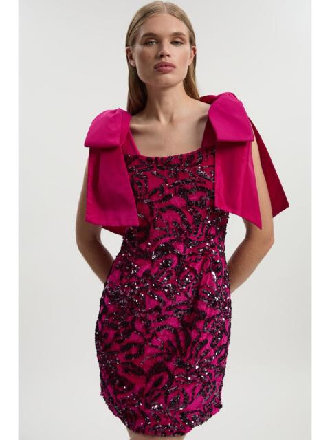 Velvet Sequin Woven Mini Dress With Taffeta Bow Tie Detail
