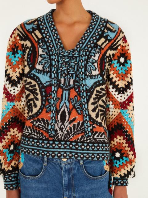 Multicolor Balamana Crochet Sleeve Knit Sweater