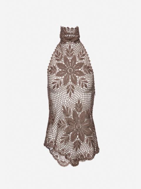 Lace crochet high-neck blouse in brown