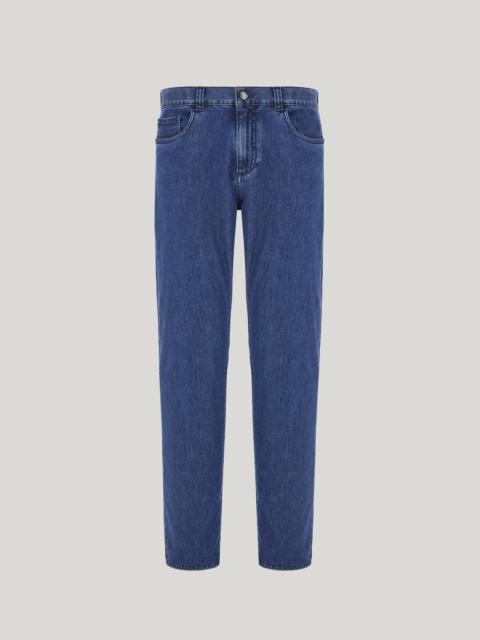 MEDIUM BLUE REGULAR FIT FIVE POCKET COTTON AND SILK BLEND PANTS