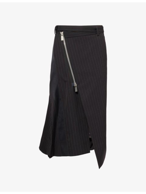 Stripe-Pattern Belted Wool-Blend Midi Skirt
