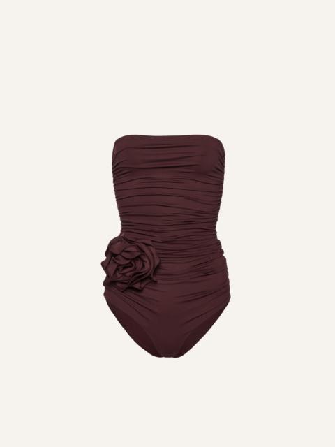 Flower appliqué strapless draped swimsuit in brown