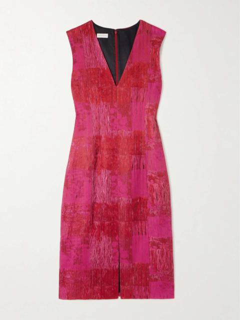 Delina distressed cotton-blend jacquard midi dress Fuchsia