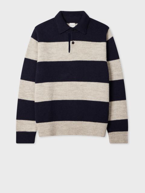 Navy Block Stripe Knitted Polo Sweater