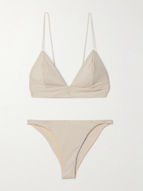 Pearl-embellished Metallic Triangle Bikini