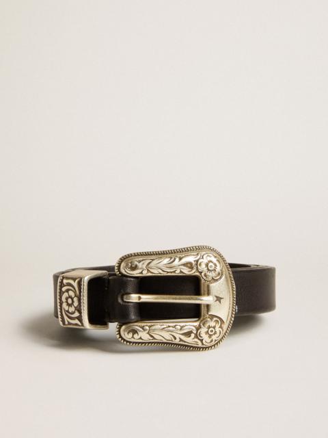 Black belt in washed leather with silver color buckle