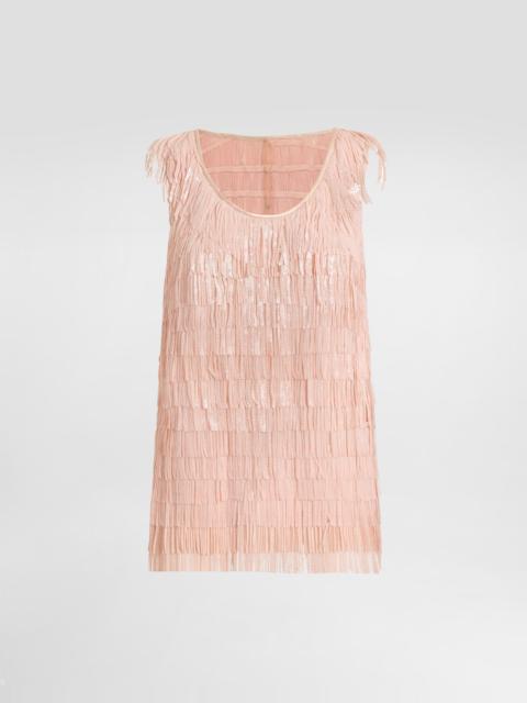 Sleeveless top with sequined fringe embellishment