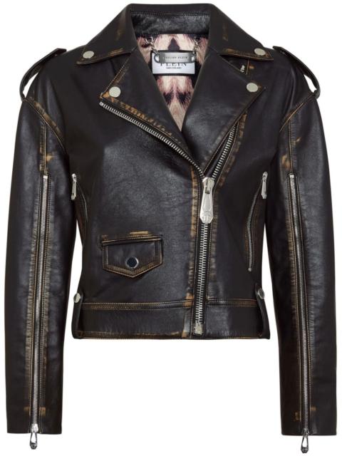 logo-lettering leather biker jacket