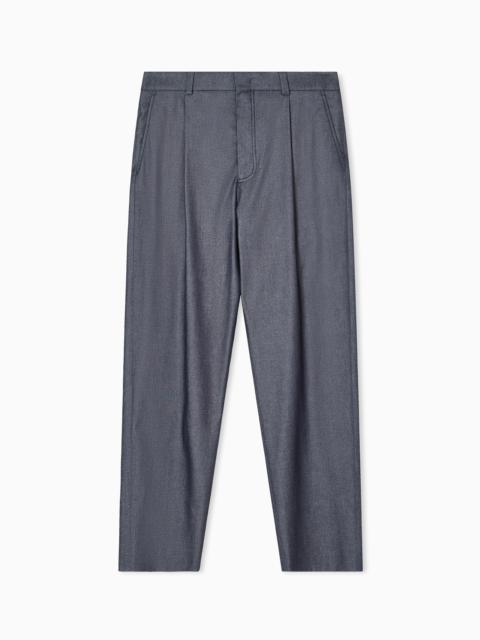 SINGLE-PLEAT TROUSERS IN DENIM-EFFECT COTTON AND SILK