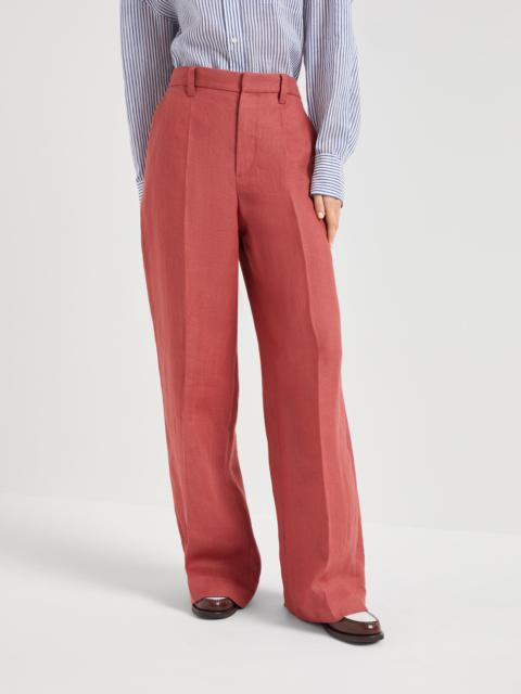 Dyed hemp and linen gabardine loose trousers with monili