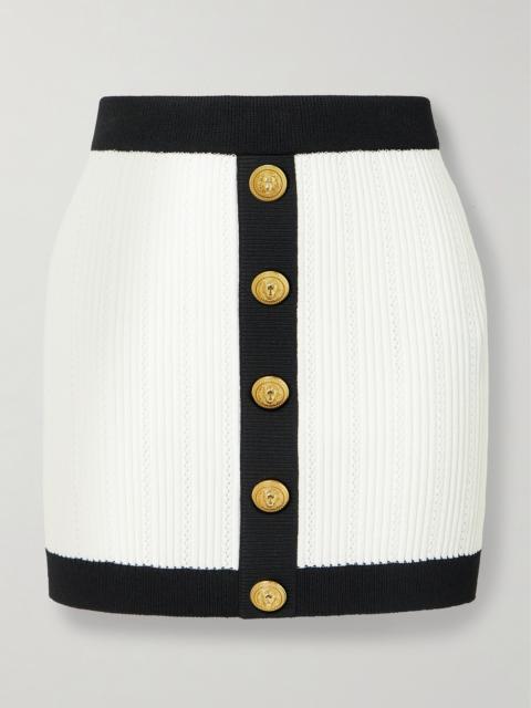 Button-embellished Two-tone Ribbed-knit Mini Skirt