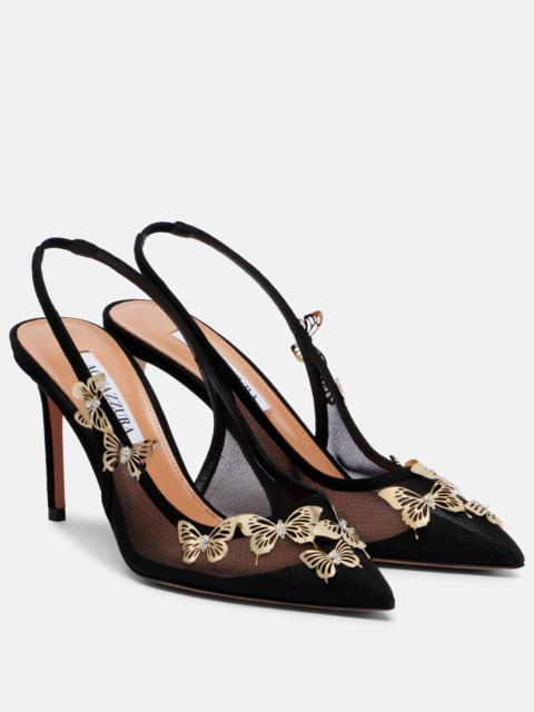 Papillon embellished mesh slingback pumps