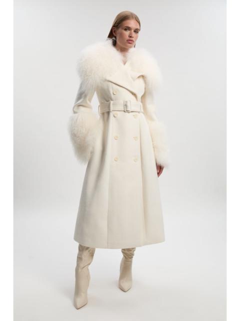Brushed Wool & Shearling Tailored Double Breasted Belted Midi Coat