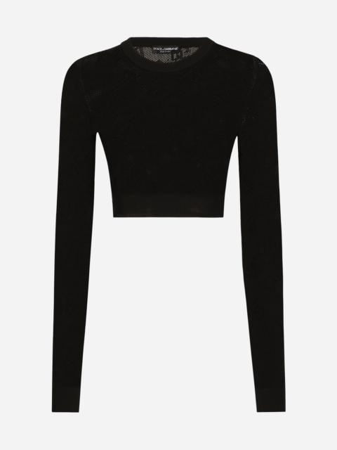 Cropped mesh-stitch viscose sweater with jacquard DG logo