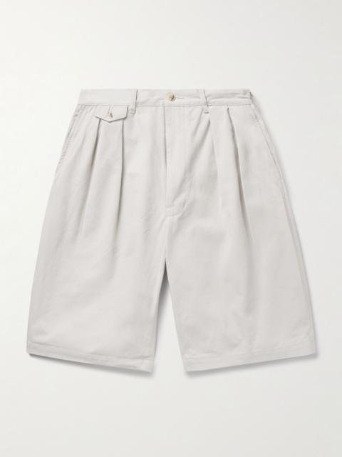Wide-Leg Pleated Cotton-Twill Shorts Ecru